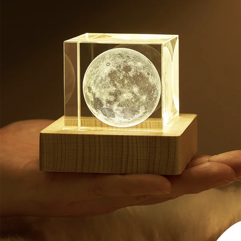 4cm Laser Engraved Moon Model Crystal 3D Glass Image Miniature Sculpture Crystal Cube for Souvenir Home Decor light