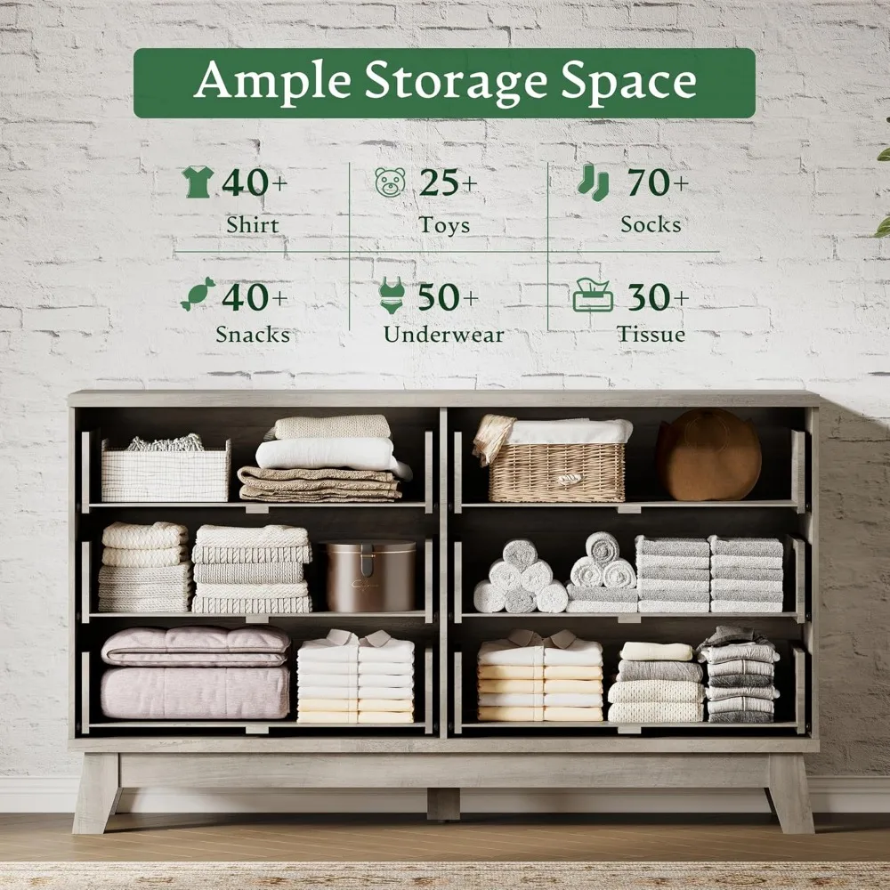 Exquisite Fluted Dresser with 6 Drawers, 54 Wide Modern Chest of Drawers with Metal Handle, Wooden Dresser TV Stand, Wood Closet