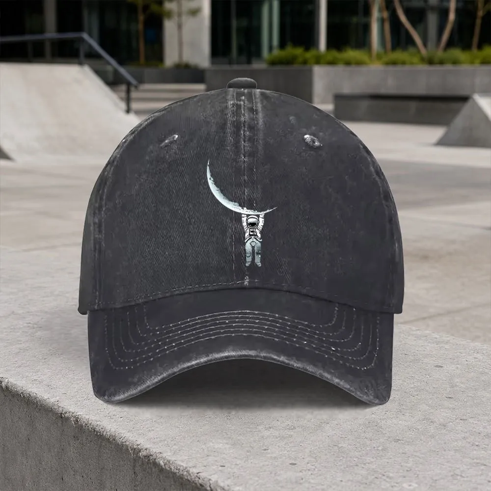 Vintage Astronaut Holding Moon Baseball Cap Unisex Adjustable Washed Duckbill Hat for Outdoor Parties Vacations