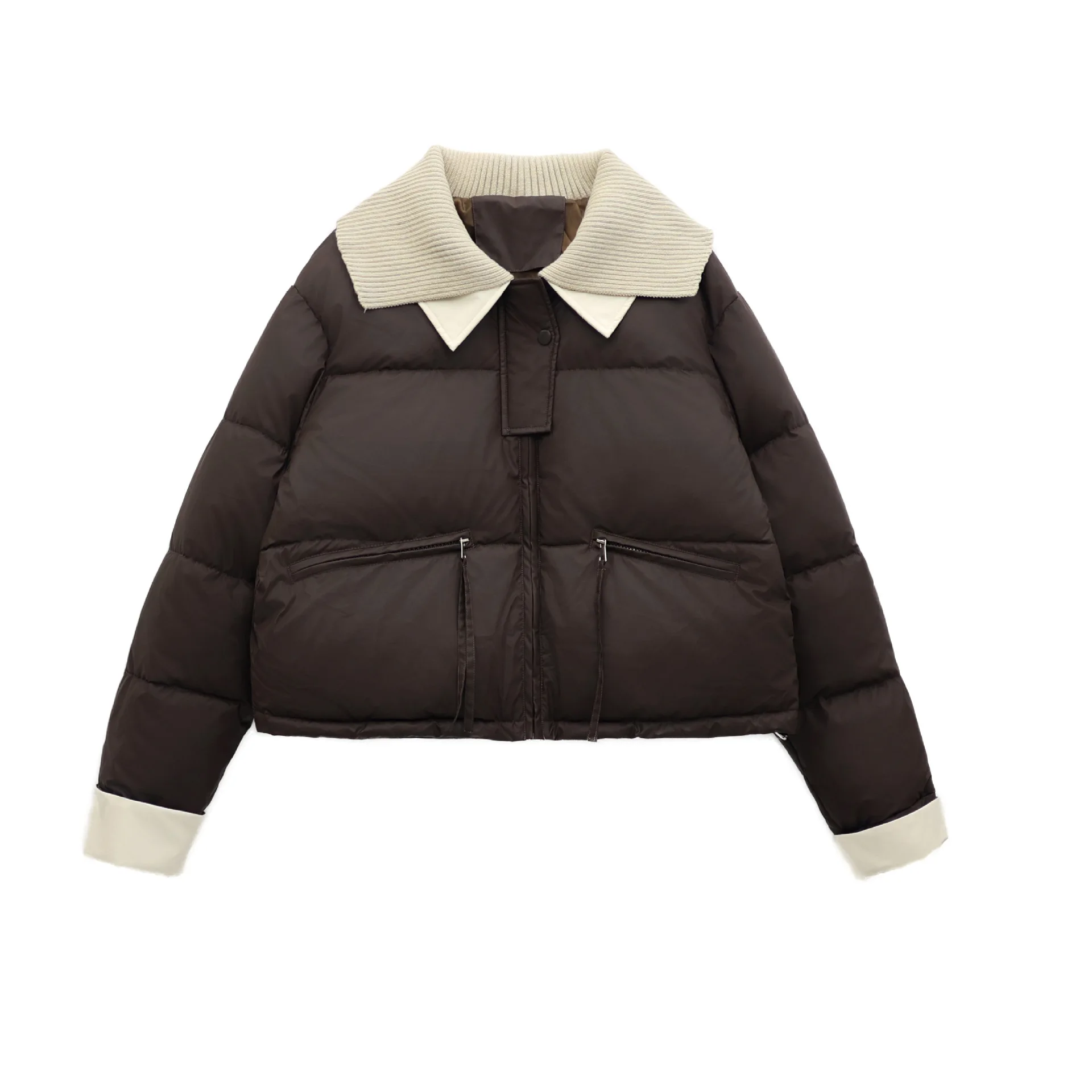 Verdikte dames winter gewatteerde jas Kleur geblokkeerde gebreide reverskraag PU-leer Damesjas Veelzijdige jas met panelen voor dames