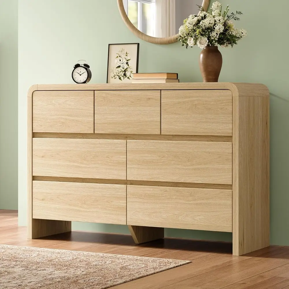 

49 Wide Wooden Bedroom Chest with Rounded Edges, Anti-Tip Kit, Storage Organizer for Living Room, Nursery, Light Oak Finish, Eas