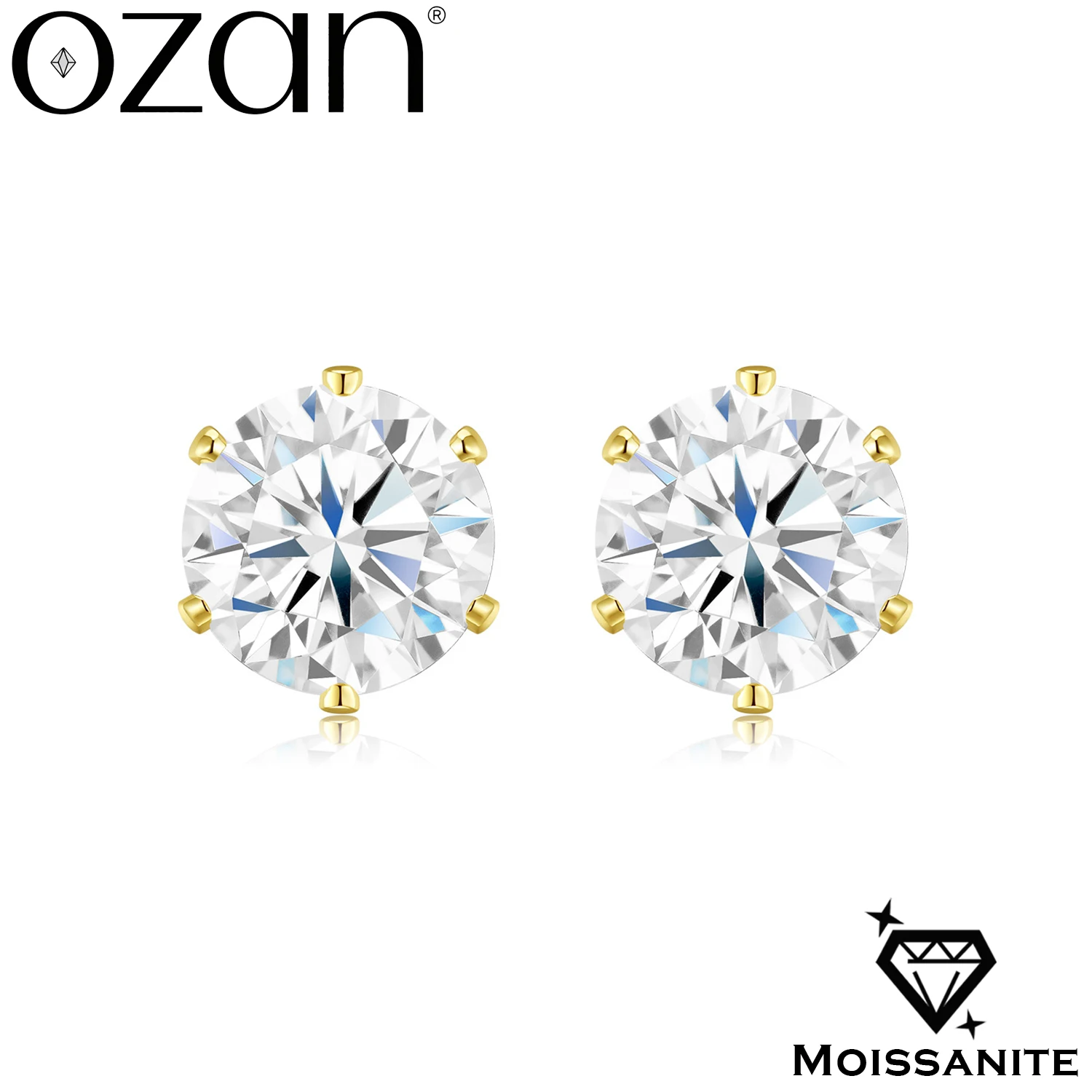 OZAN 100% Real Moissanite Earrings Stud Round Shaped 18k Yellow Gold Plated Fashion Trendy Gemstone Jewelry for Women Girls