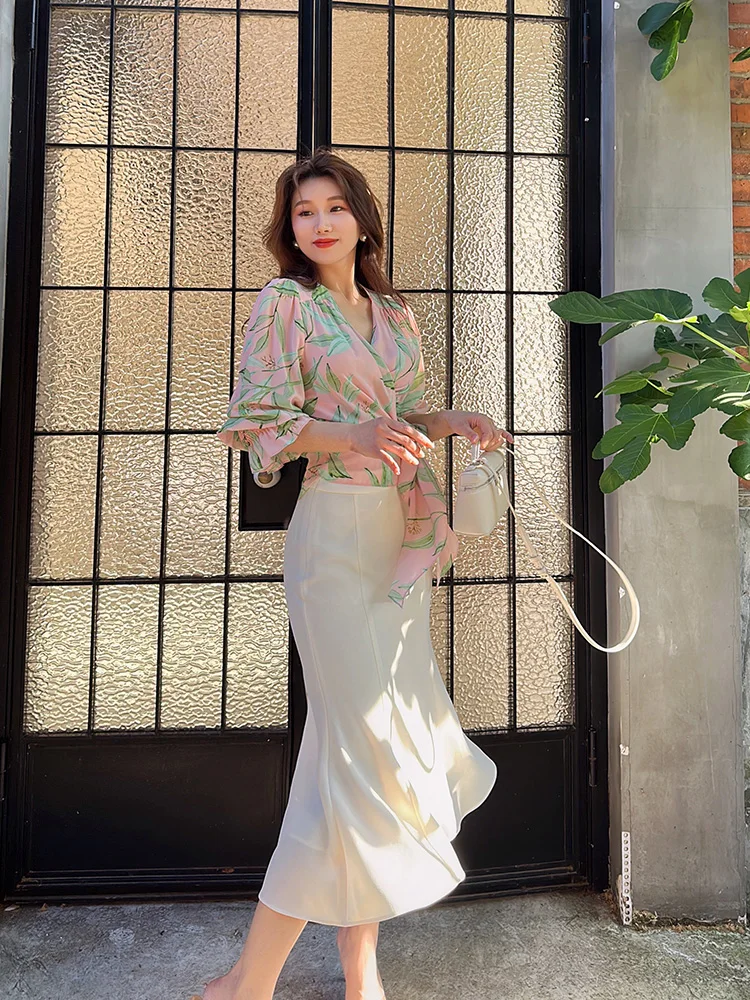 

YANGXIAOJING Silk irt Dr Set Women's Faion Loose Fit Top f Skirt V Ne Sve mid Length Summer Autumn Wear
