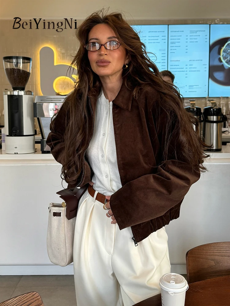 Beiyingni معاطف الخريف والشتاء للنساء خمر القهوة عادية BF أنثى سروال قصير سترة الشارع الشهير موضة الدافئة سستة أبلى