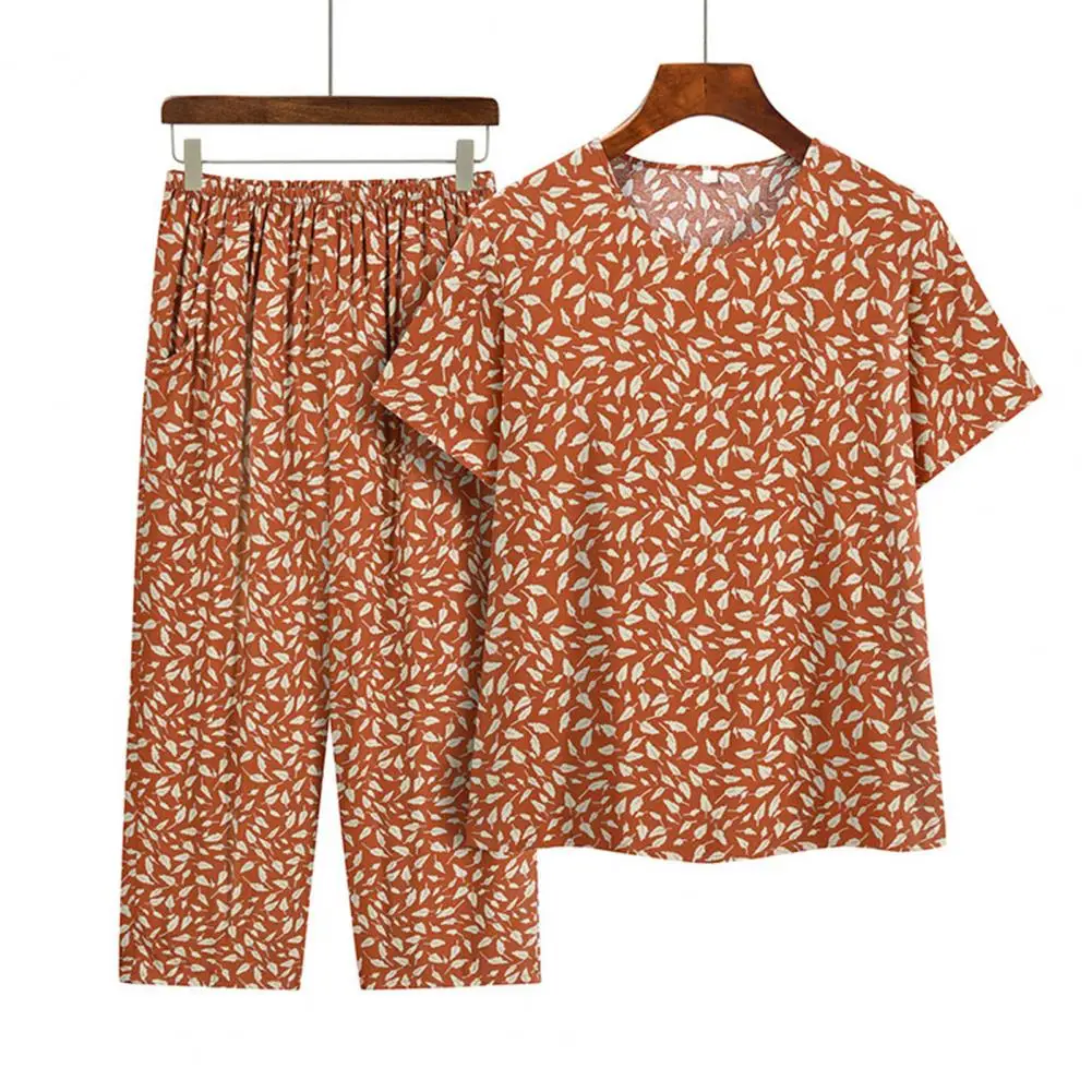 

2Pcs/Set Women Pajamas Set Short Sleeve Floral Print Elastic Waist Wide Leg Pleated Trousers T-shirt Pants Set Homewear Set