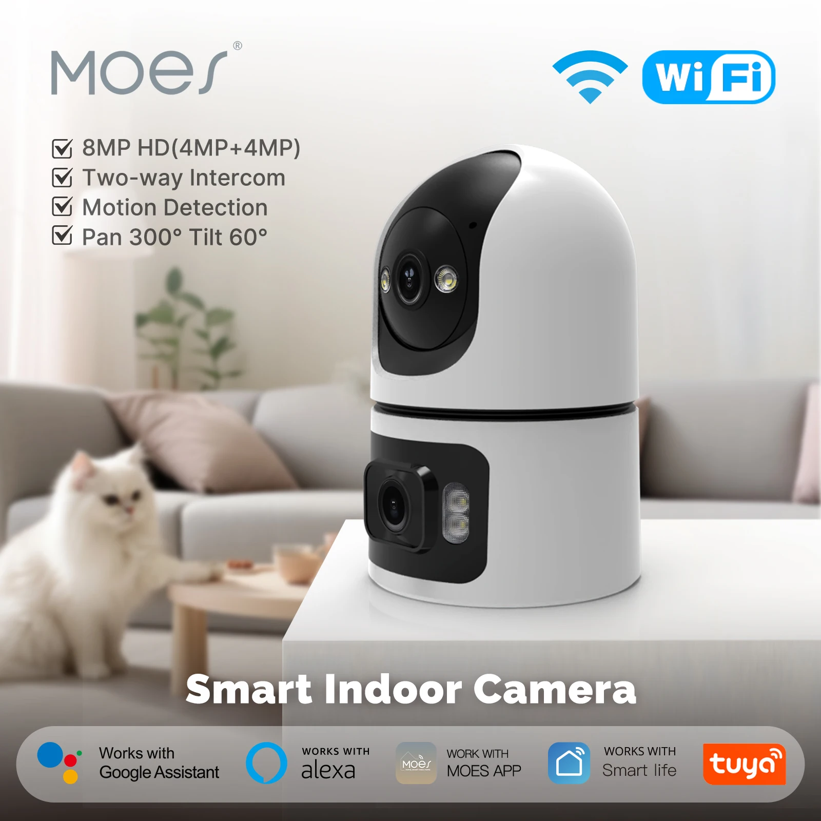 

Moes Tuya WiFi Smart Indoor Camera 8MP Dual Screen Lens Auto Track Two-Way Motion Detection Audio 2.4G/5G Infrared Night Vision