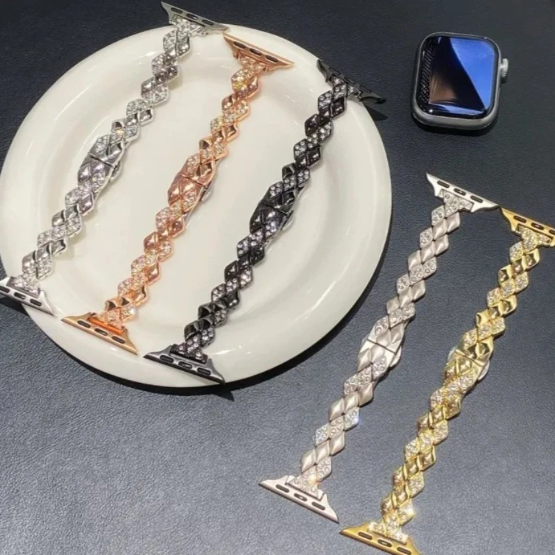 Elegant Sparkling Rhinestone Metal Strap for IWatch Apple Watch 11 38 40 42 41 45 49 44 46mm Rhombus Chain Bracelet Jewelry Band