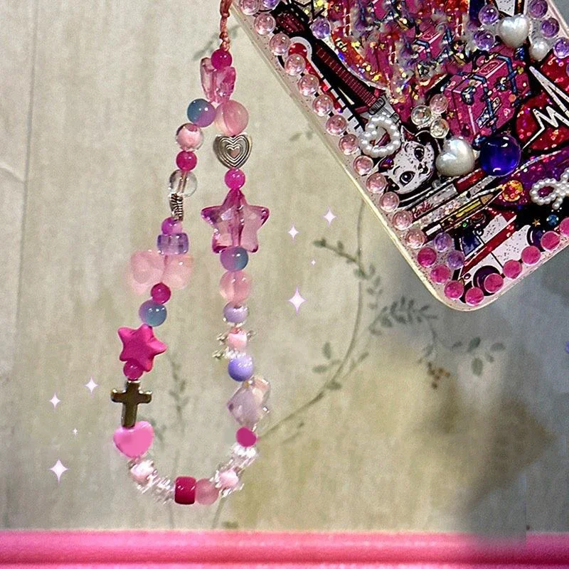 

Pink Bear Pentagram Beaded Mobile Phone Chain Lanyard Charm Women Girls Y2k Phone Chain Jewelry Phone Case Pendant Decoration