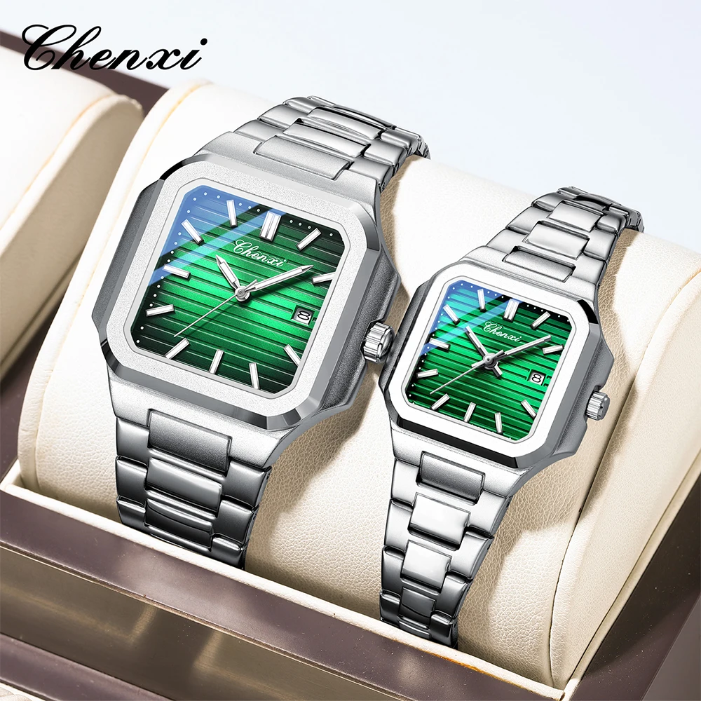 CHENXI Simple Fashion Quartz Couple Watch Luminous Waterproof Men Women Watches Square Dial Stainless Steel Couples Wristwatches