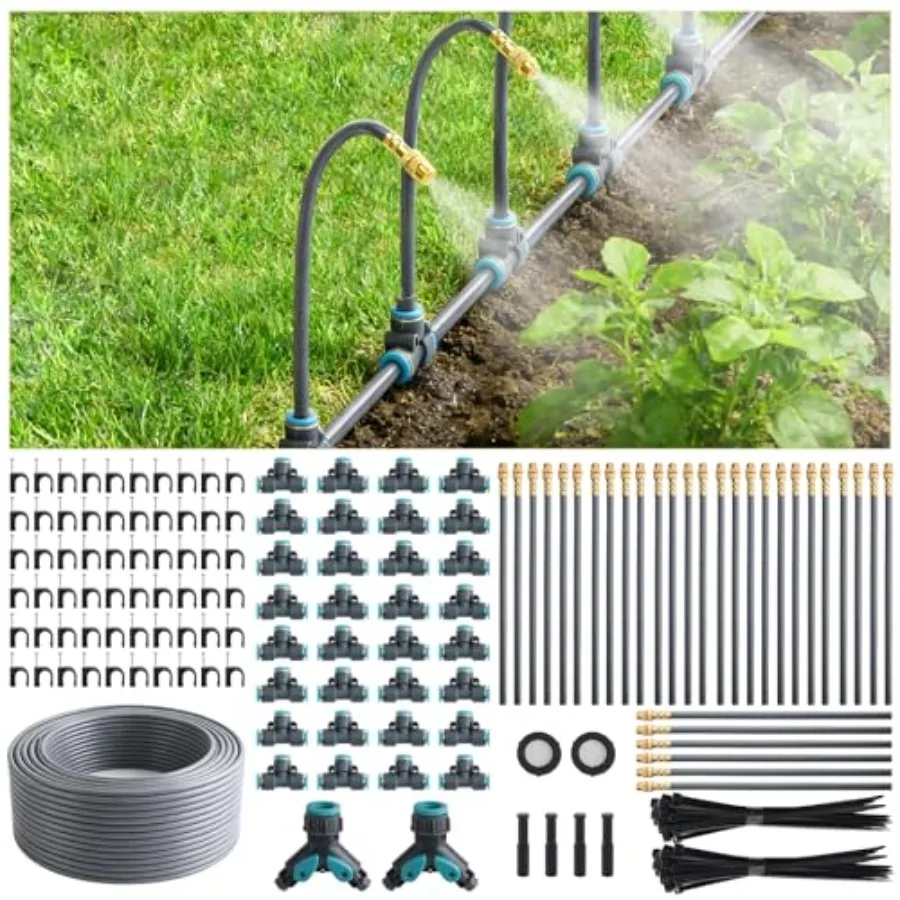 

Garden irrigation system kit: 196 ft 1/4 inch quick-connect tubing black PE material automatic watering with 32 adjustable spra