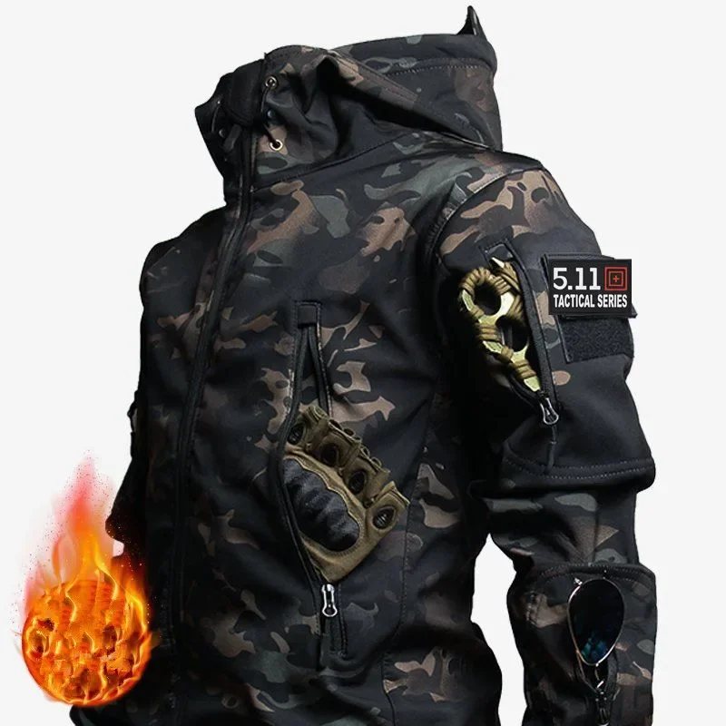 2024 New RU Camo Waterproof and Warm Men\'s Winter Soft Shell Special Tactical Hooded Jacket+multi Pocket Tactical Pants