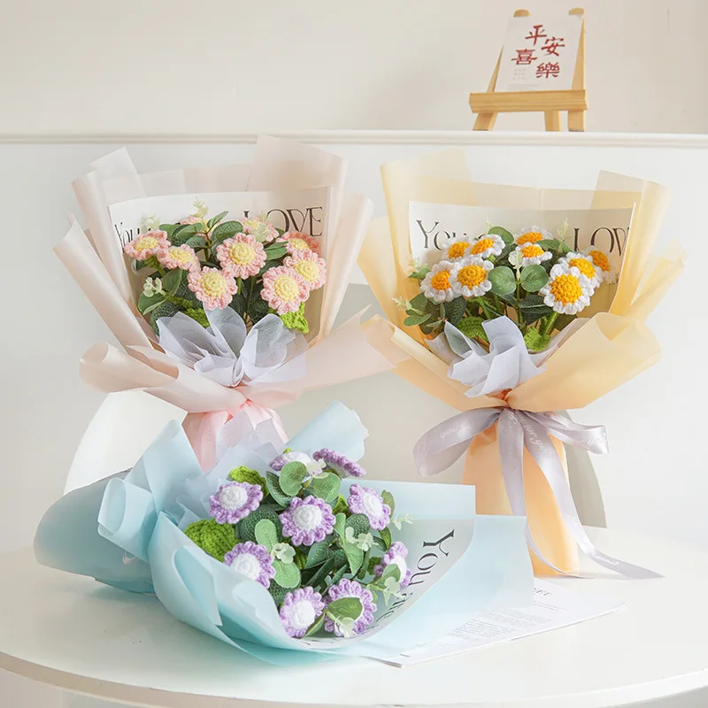 Finished Knitted Flowers Bouquets Little Daisy Crochet Bouquet Creative Gifts For Valentine Mothers Birthday Graduation