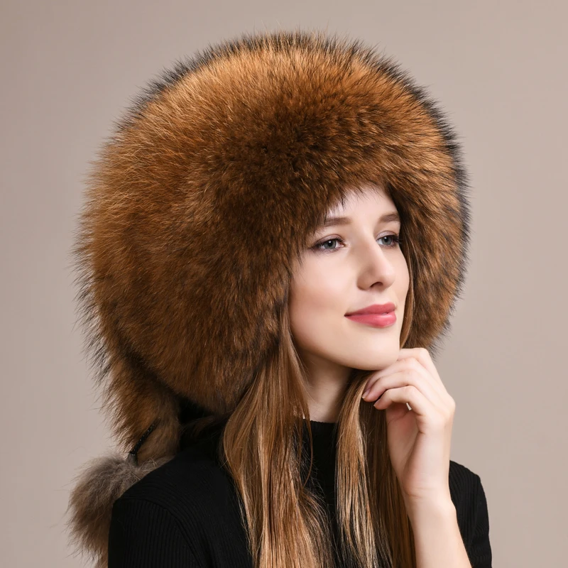 Winter Warm Women Russian Raccoon Royal Fur Caps Fox fur Hat Dome Mongolian Hat Fur Hat Luxury Lady Natural Fox Fur Bomber Hat