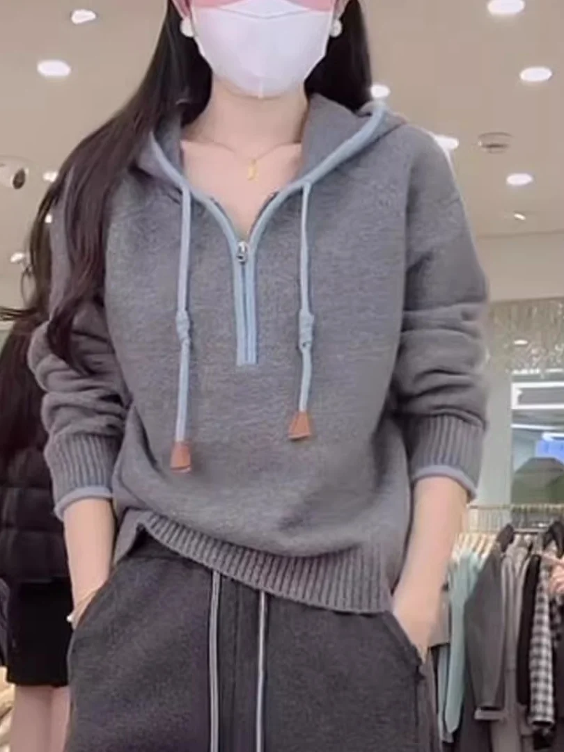 

Весна 2026: Теплый вязаный свитер-худи в корейском стиле, свободного кроя, для повседневной носки, базовый слой, термо-футболка для города