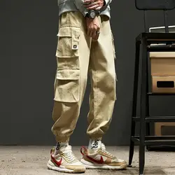 Fashion Solid Color Printing Letter Waist Drawcord Multiple Pockets Cargo Pants Man Classic Foot-binding All-match Trousers