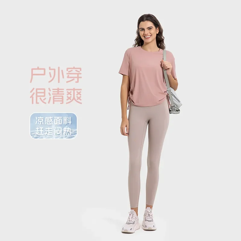 New breathable quick drying drawstring with pleats, loose and comfortable round neck, outdoor sports short sleeved shirt image 3