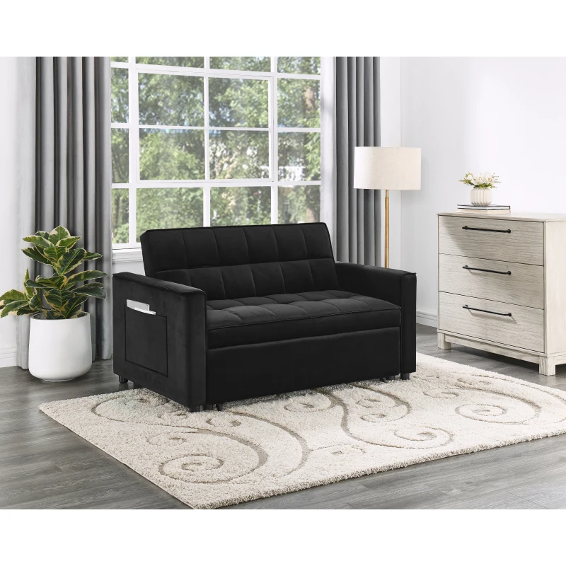 Maeve 53.5W Black Velvet Convertible Sleeper Loveseat مع معنقدة وجيب جانبي