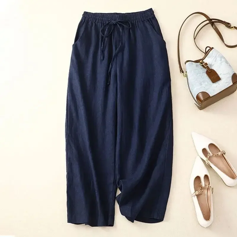 Blue Casual Solid Lace Up Elastic High Waist Loose Wide Leg Women's Pants Ankle-Length Pants For Women Clothing 2025 Fashion