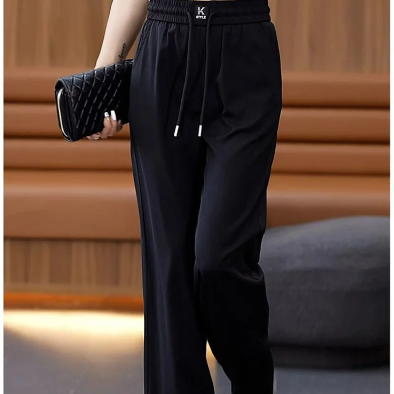 2024 New Summer Korean Version Fashion Casual Versatile High Waisted Loose Straight Solid Color Lace Up Women's Trousers Pants