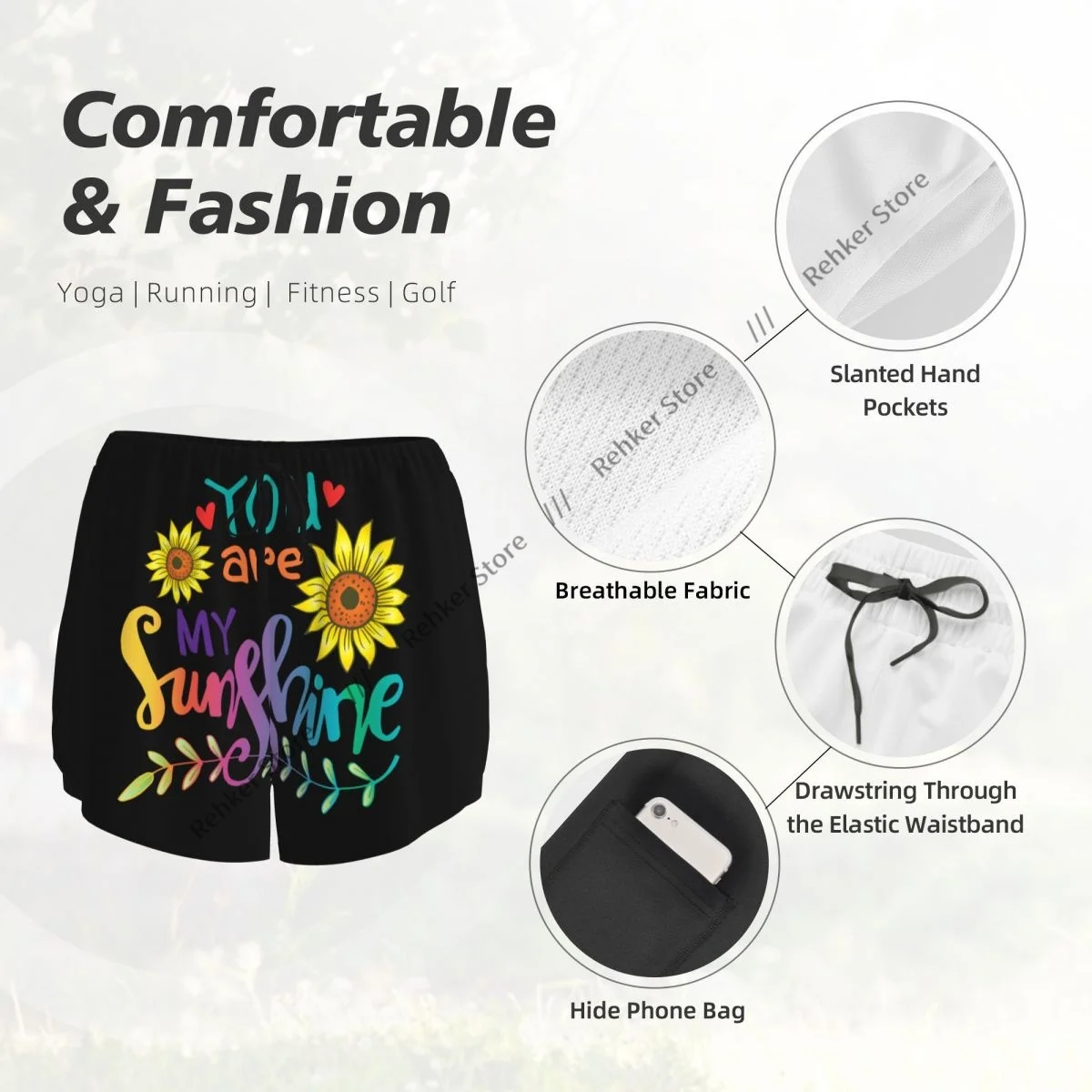 Damskie spodenki sportowe You Are My Sunshine Running Yoga Fitness Szybkoschnące badmintonowe treningowe z kieszenią