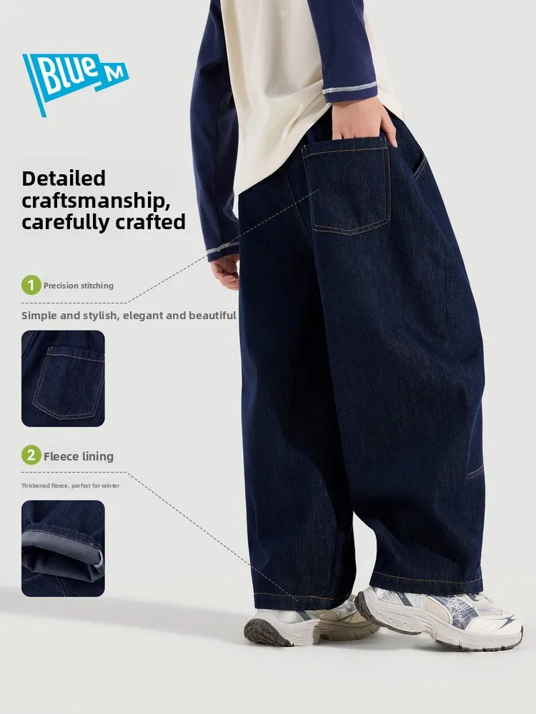 Bluem Boys' Thickened Winter Jeans Casual Knife- Pants Children's Clothing Cotton Polyester Blend Long Trousers for Boys