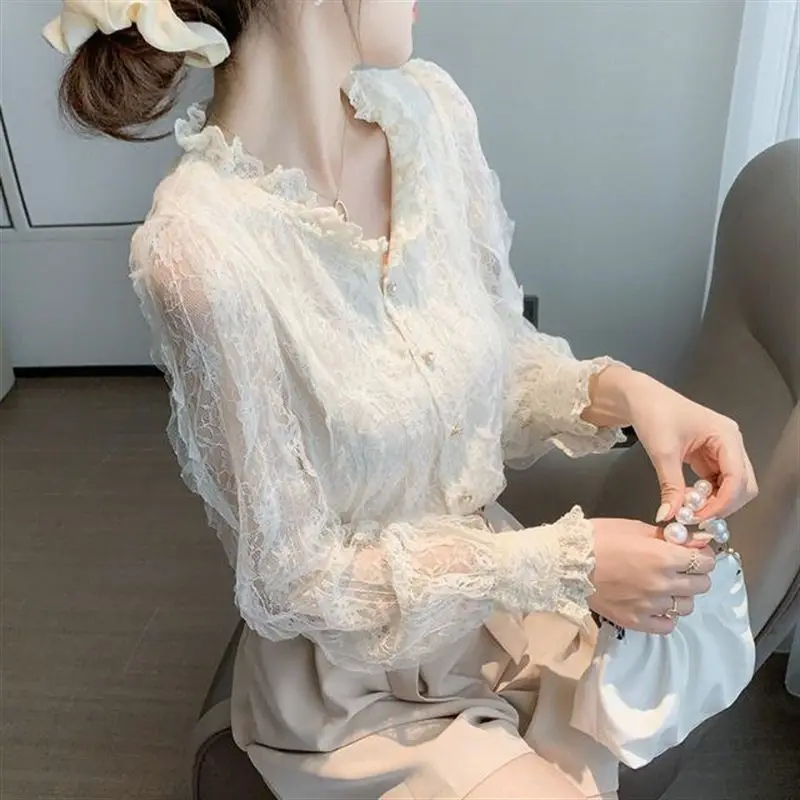 Spring Autumn French V Neck Lace Shirt Top Women\'s Long-sleeved Chiffon Cardigan Bottoming Blouse S-3XL