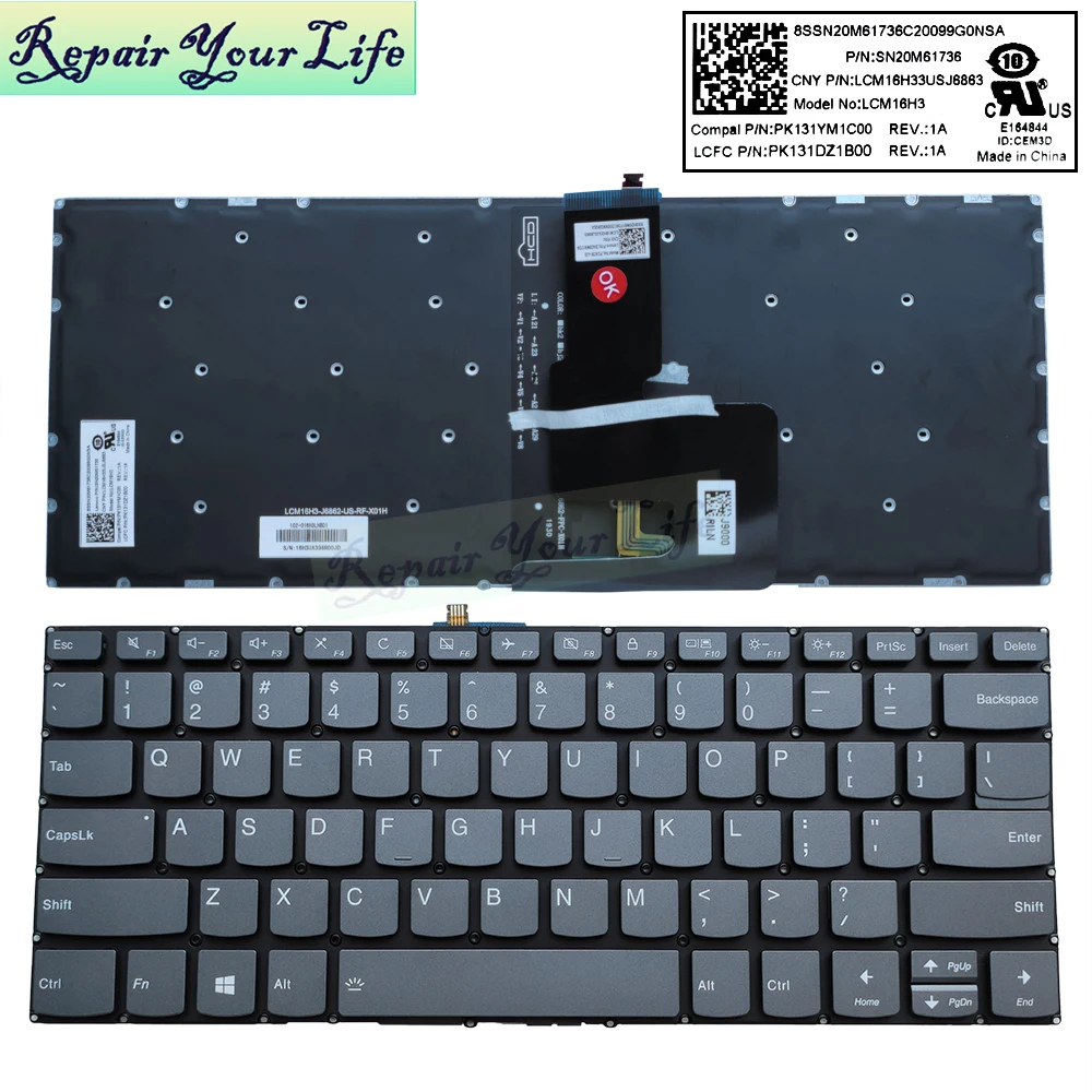 

US UA/Ukrainian Russian Backlit Keyboard for Lenovo IdeaPad 3-14ADA05 3-14ARE05 3-14IGL05 English RUS SN20M67697 SN20M61762 Gray