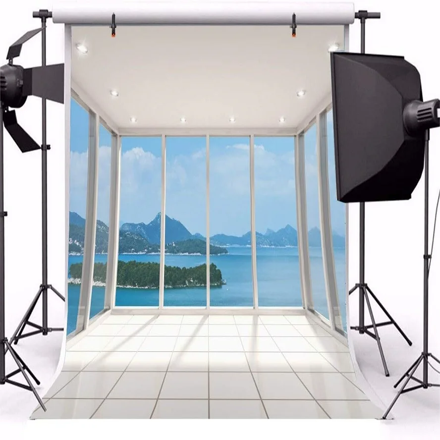 Modern Lounge Area Photography Backdrop Lighting House Sea-View Room Hall Interior Seascape Island Mountain Lanscape Background