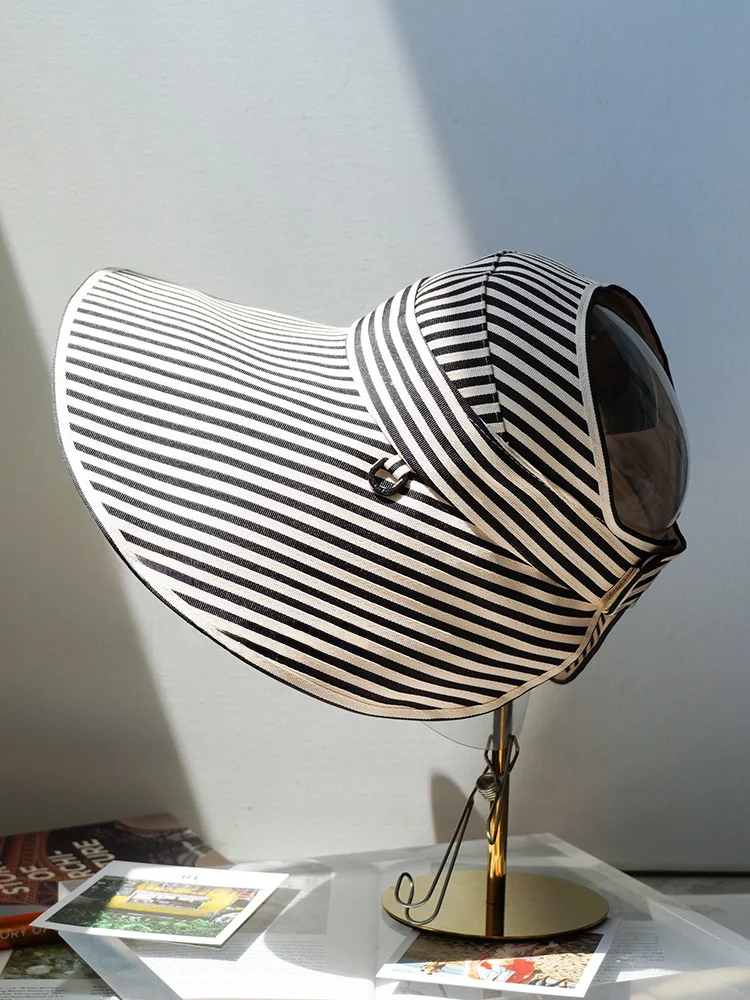 レディースつば広麦わら帽子-春夏-uvカット-折りたたみ式-ビーチサンシェードキャップ-カジュアル-ストライプ柄-エンプティトップハット