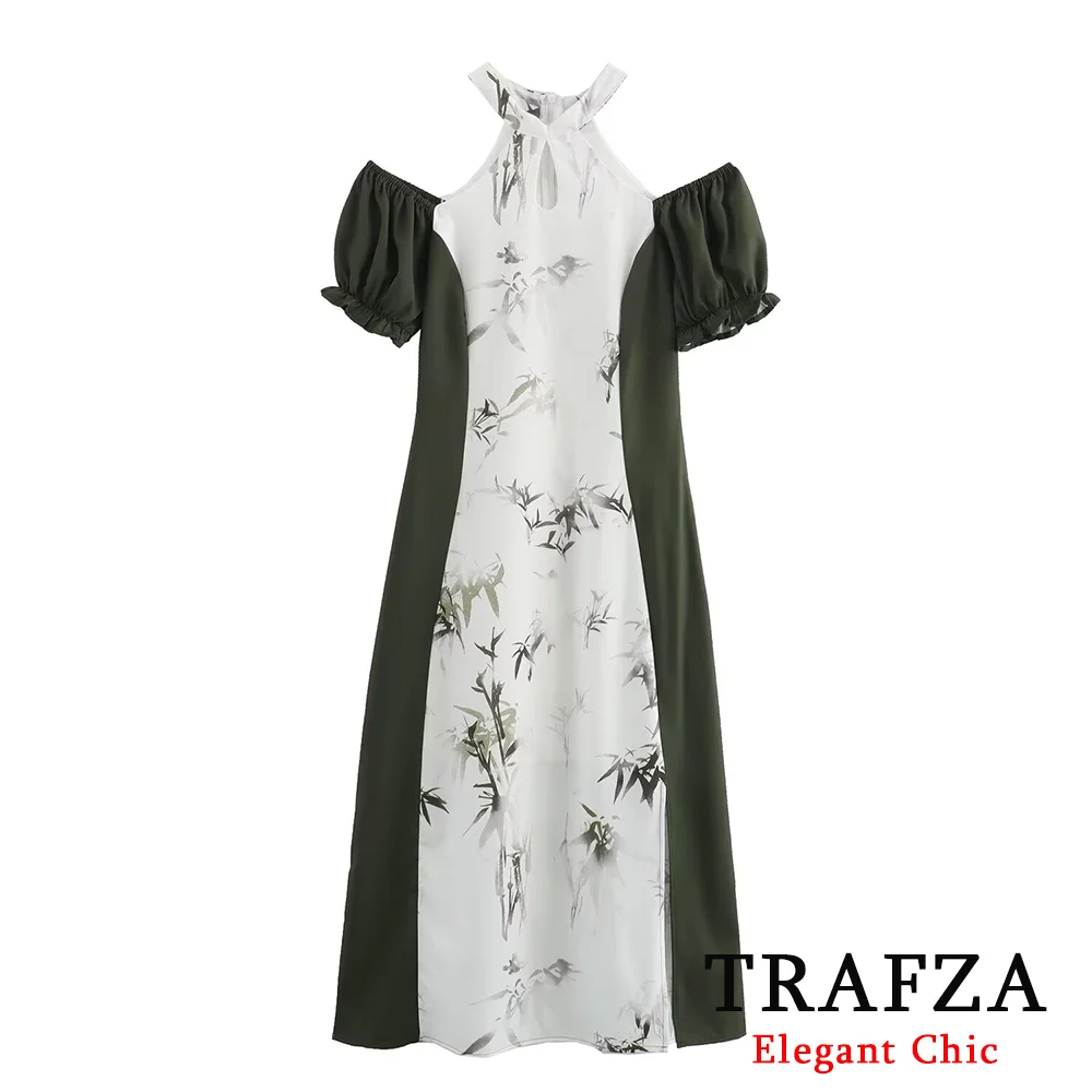 

TRAFZA Chinese Print Women Dress Fashion 2024 Summer Bamboo Shadow Ink Print Patchwork Long Dress Elegant Party Evening Dress