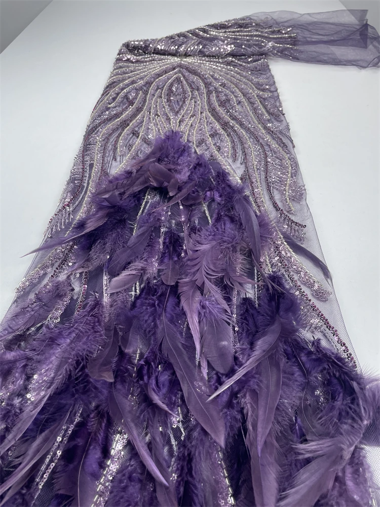 Venda quente design popular moda africano feito à mão pena frisada renda líquida com lantejoulas tecido francês vestido de noite renda líquida