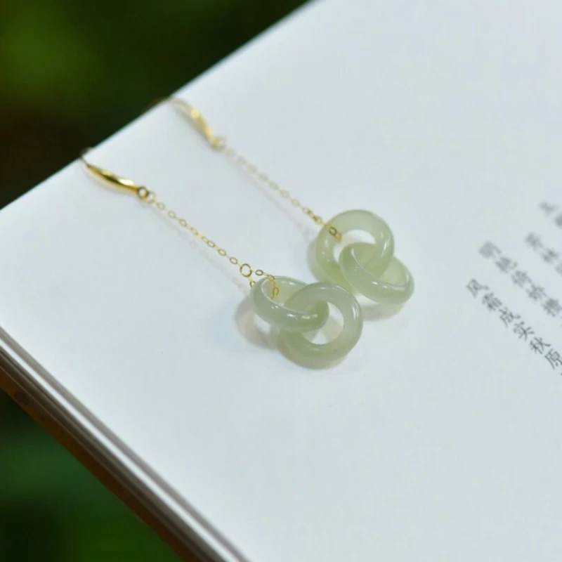 Creative new silver inlaid natural Hetian jade chain long Interlocking earrings for women elegant fresh light luxury jewelry