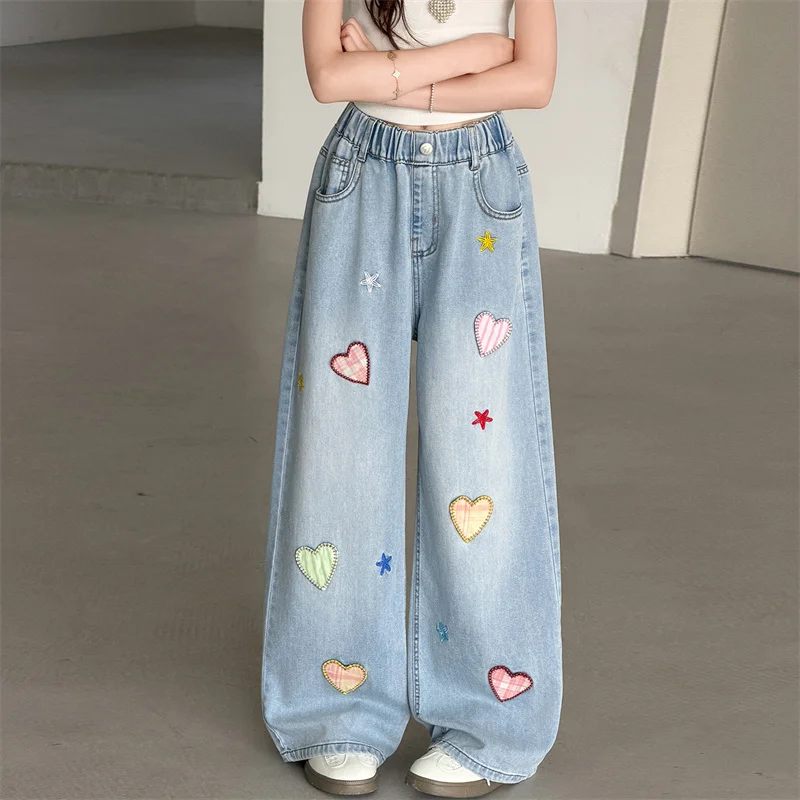 2026 New Summer Kids Girls Jeans with Heart Pattern Young Teenagers Girls Denim Pants Trendy Star Children Girls Wide Leg Pants