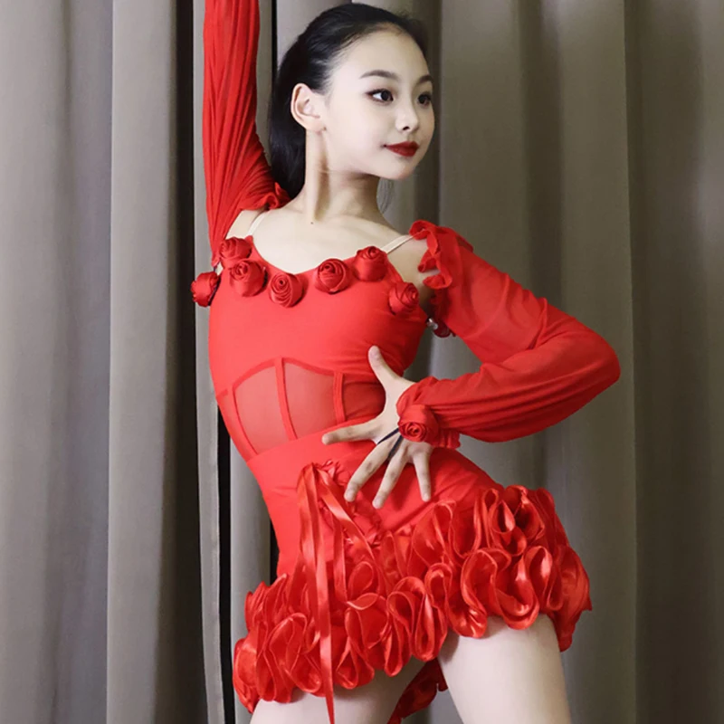 ชุดแข่งขันเต้นรำบอลรูมสำหรับเด็ก ชุดแสดงเต้นละตินสำหรับเด็กผู้หญิง แขนพอง ชุดเต้นละติน รุ่น SL14148