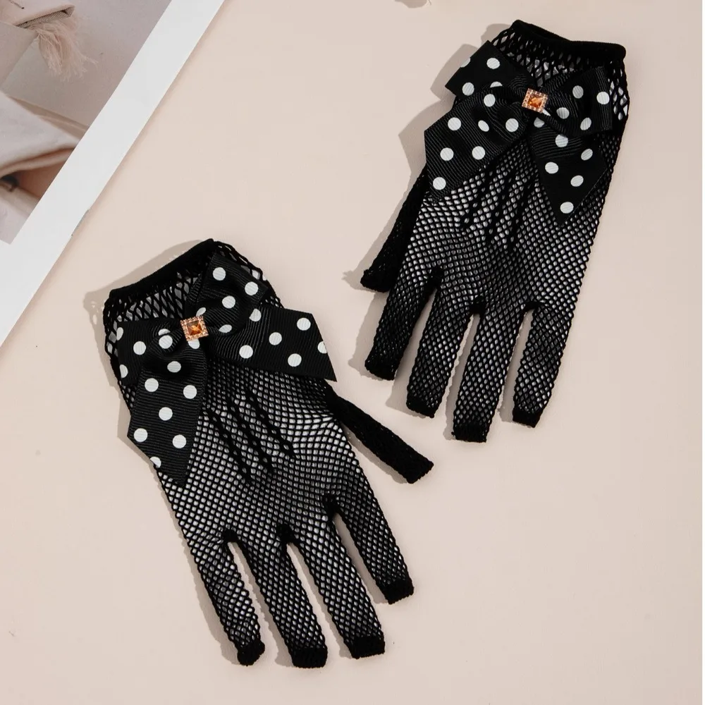 짧은 어린이 웨딩 장갑 얇은 나비 매듭 에티켓 드레스 장갑 우아한 여성 레이스 메쉬 장갑