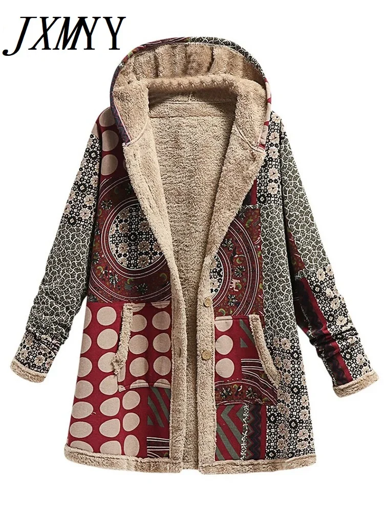 2024 Winter Vintage Vrouwen Jas Warme Print Dikke Fleece Capuchon Lange Jas Met Zak Dames Outwear Losse Jas Voor Dames