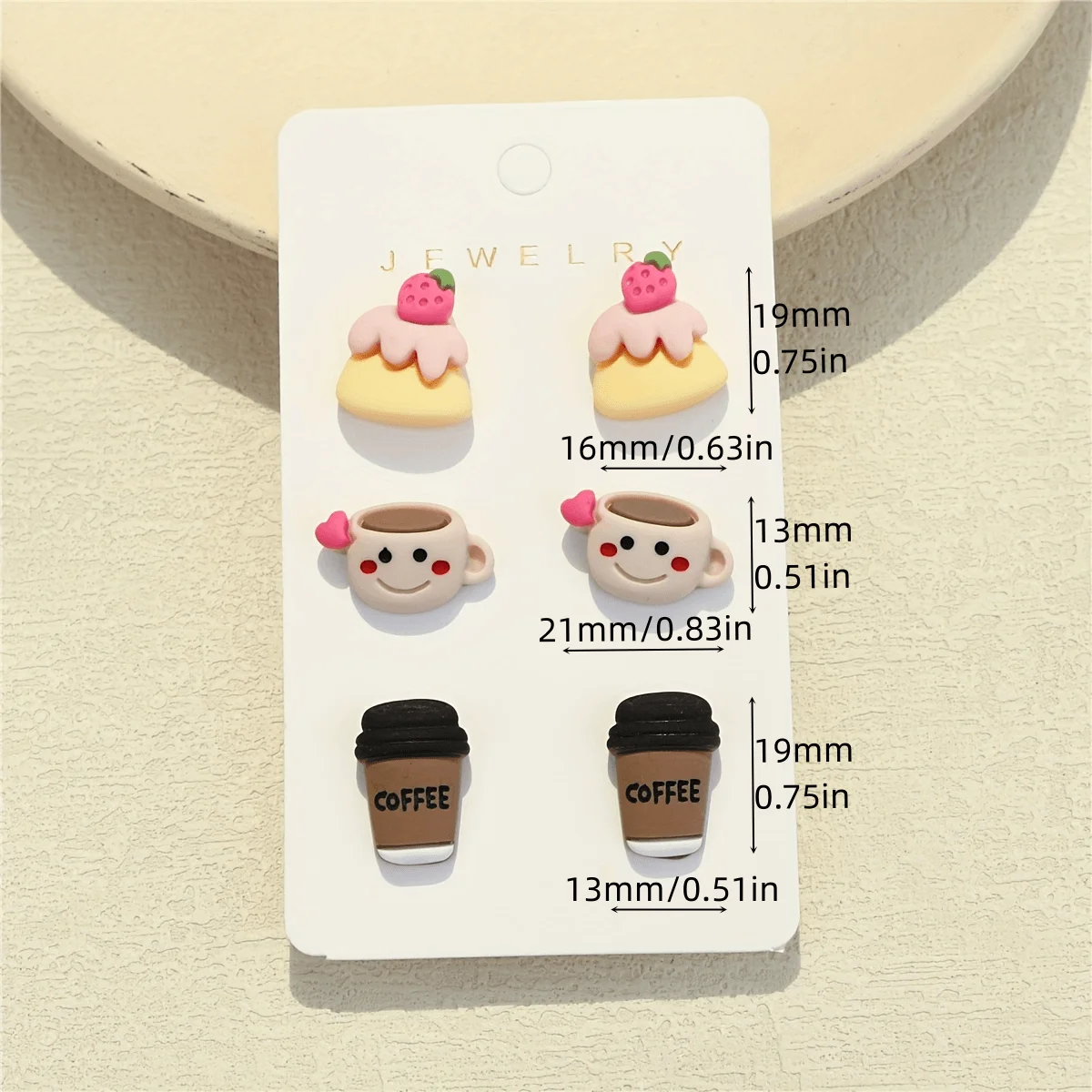 3Pairs/Set Cute Polyresin Cartoon Strawberry Cake & Coffee Cup Stud Earrings for Women for Daily Decoration