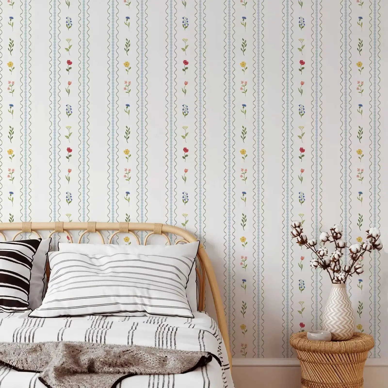 Striped With Blossoms Wallpaper Peel and Stick, Wild Flower Wall Mural For Room Decoration, Self-adhesive Or Traditional Paper
