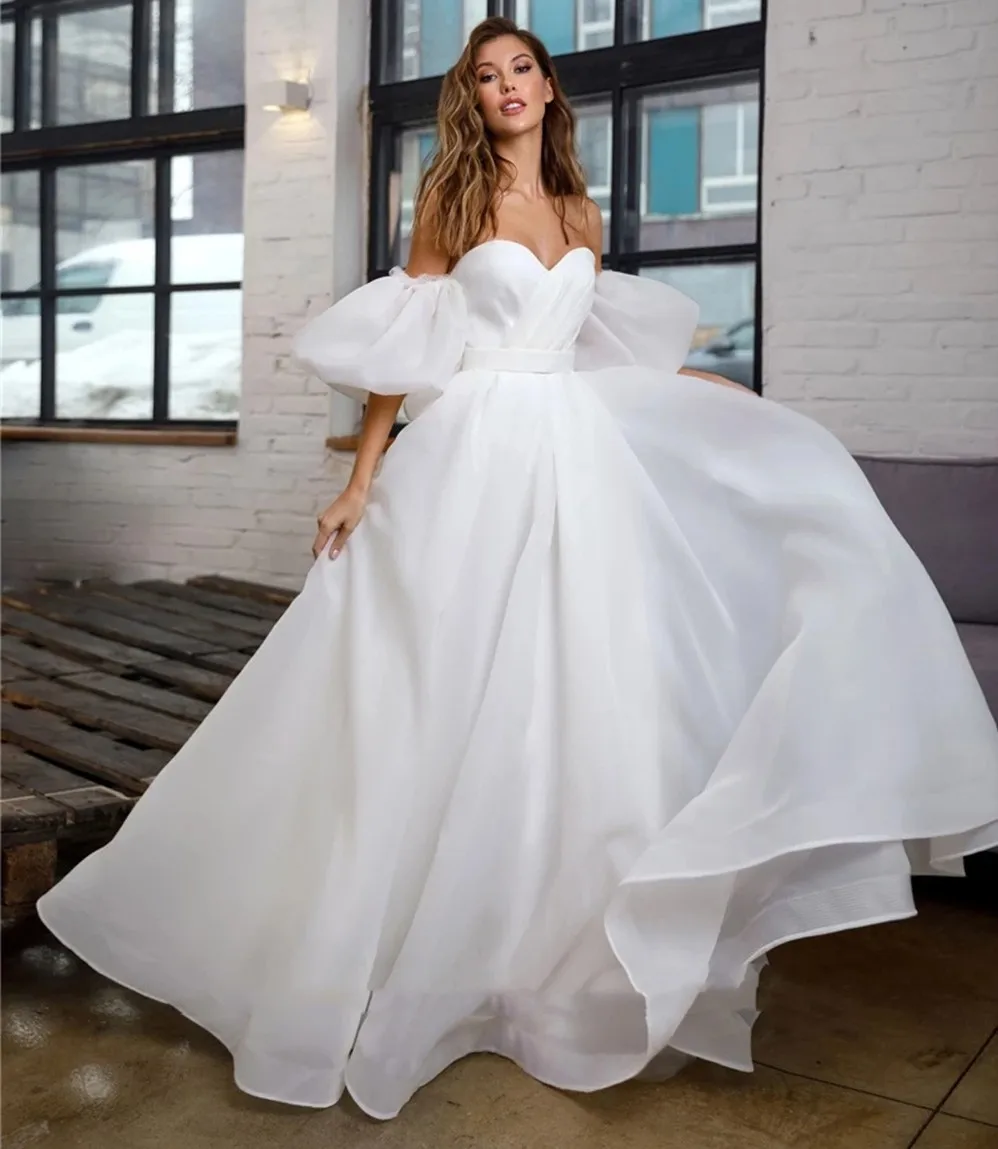 

2025 New Modern A Line Wedding Dress Sweetheart Short Puffy Sleeves Organza Bridal Bride Party Gowns Vestidos De Noiva
