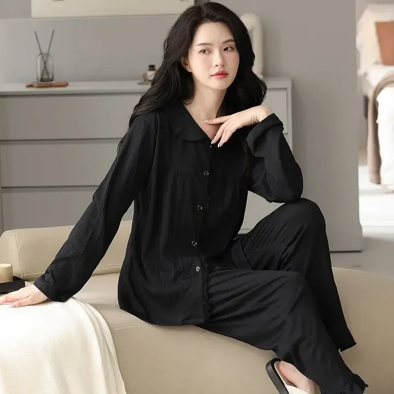 Spring and Autumn Pure Cotton White Long-sleeved Two-piece Doll Collar Home Suit Pajamas for Women Princess Style Pajamas Women