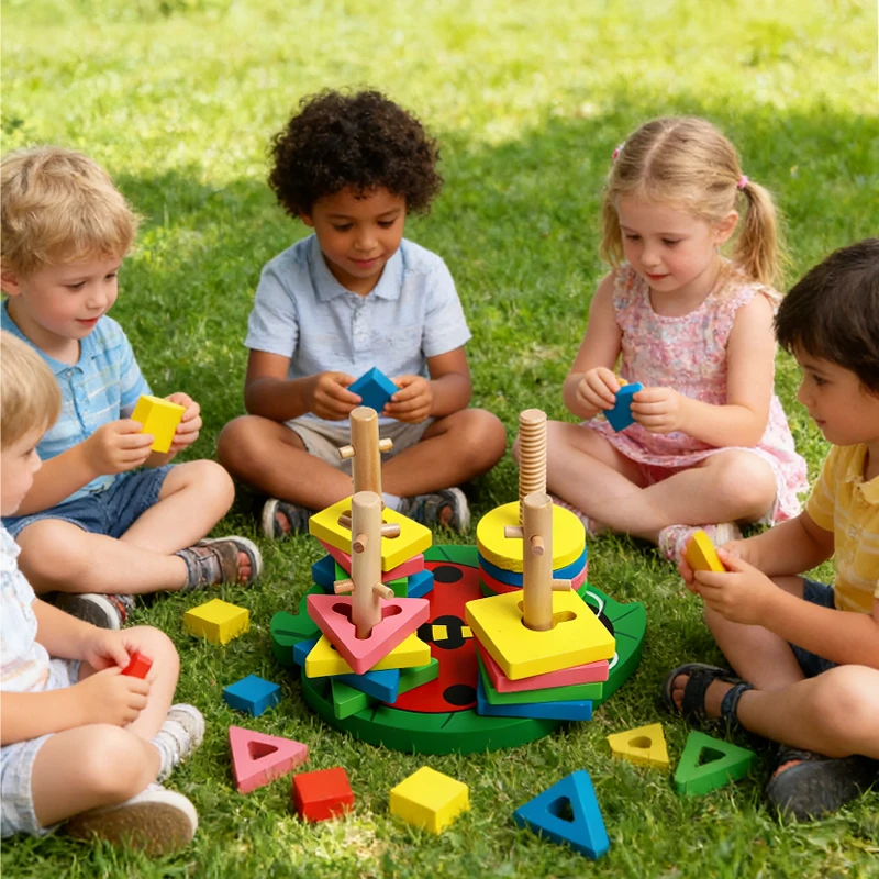 Montessori Geometric& Shape Matching Building Blocks#@# Educational Early Learning* Wooden Toys for Children Aged 2-3 Years Old