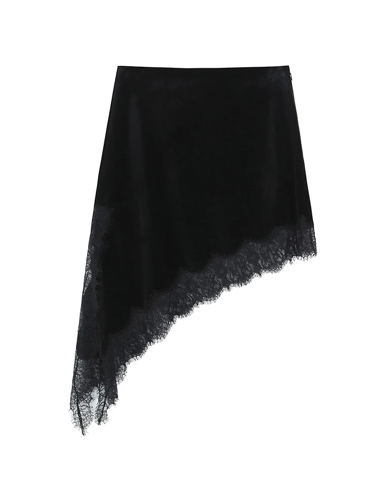 Saia feminina de veludo preto cintura alta assimétrica renda guarnição bainha mini saias