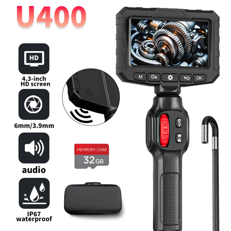 Câmera de rotação de 360 graus, endoscópio de 4,3 polegadas, 6,2 mm, 1080P, câmera endoscópica Full HD para inspeção industrial