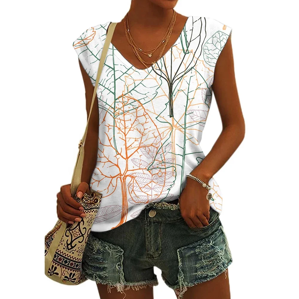 Fashion women's off-shoulder sleeveless vest 3D simple graffiti print women's vest summer street loose V-neck women's vest 2024