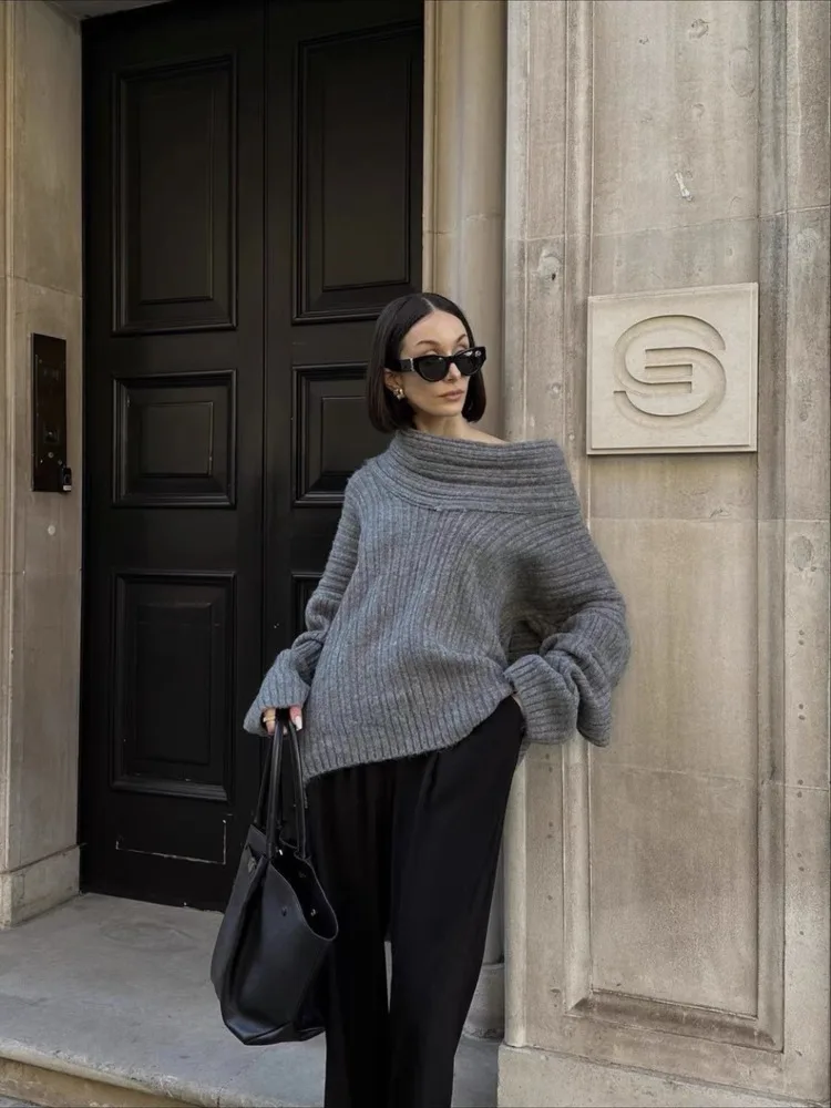 

Женский элегантный однотонный вязаный пуловер с воротником-лодочкой и открытыми плечами, модный свободный свитер в рубчик, Женская темпераментная одежда для поездок