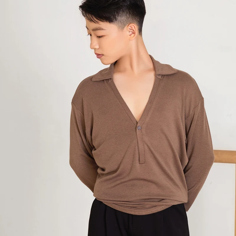 4 Colors Boys Latin Dance Tops Long Sleeves Deep Neck Black Tops Male Cha Cha Rumba Dance Clothes Performance Clothing DNV21759