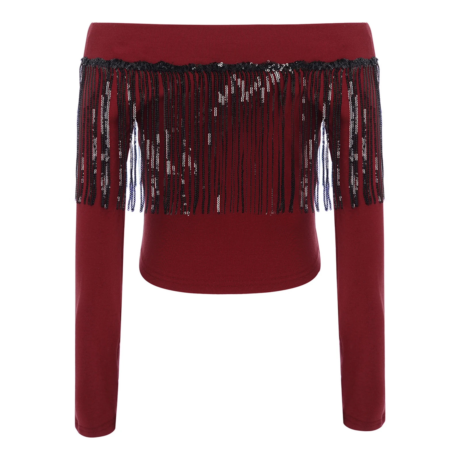 Kinderen Meisjes Hiphop Jazzdans Kostuum Glanzende Pailletten Kwasten Gedrukt Top Off-Shoulder Katoen Lange Mouw Mode streetwear