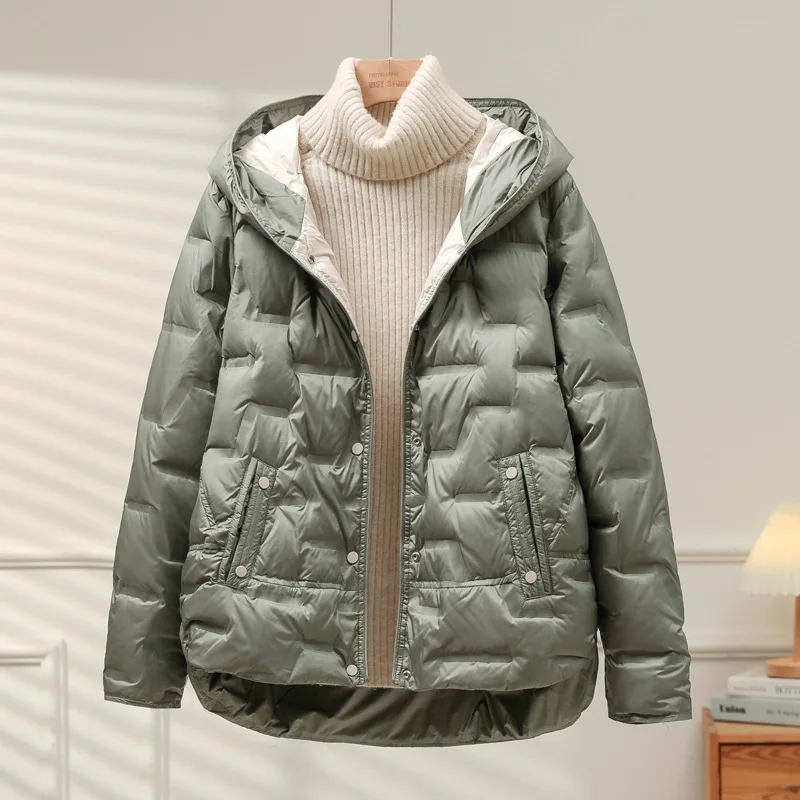 2025 Autumn Winter Double Sided Lightweigh White Duck Down Jacket For Women Loose Casual Single-Breasted Puffer Coat