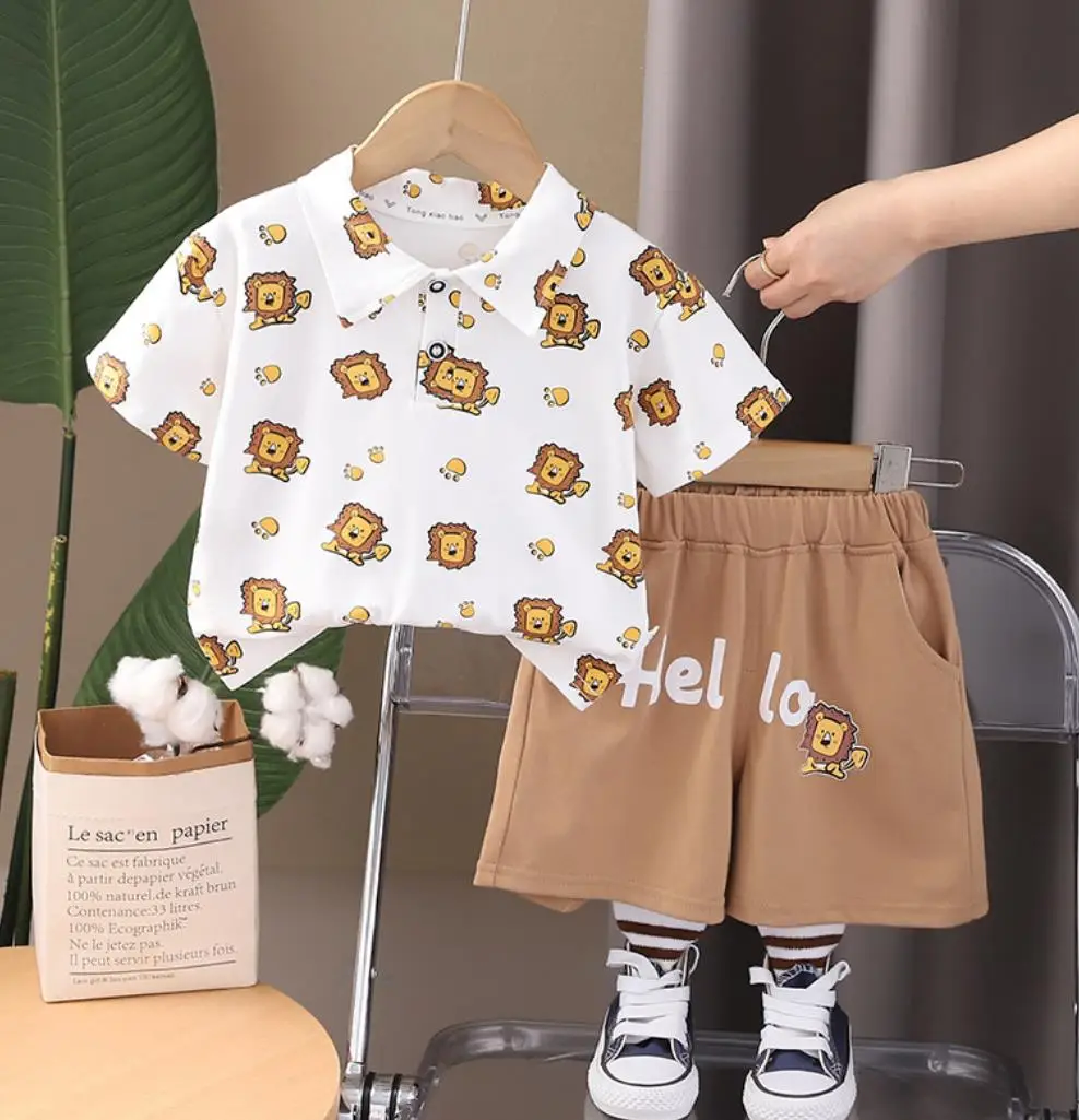 Baby Boys Summer Outfits Set 12 To 18 Months Handsome Kids Turn-down Collar Cartoon Printed T-shirts+Shorts Toddler Clothing