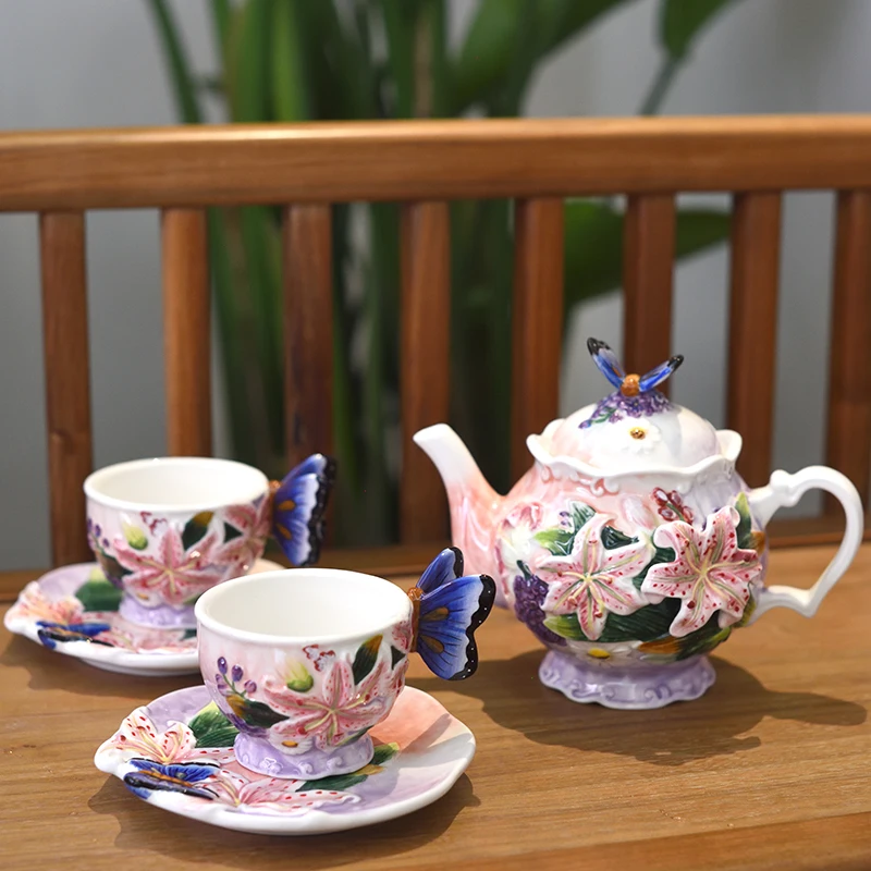 

Lily Flower Tea Set European Style Teapot and Cup Collection Romantic Afternoon Tea Tableware Creative Home and Garden Decor